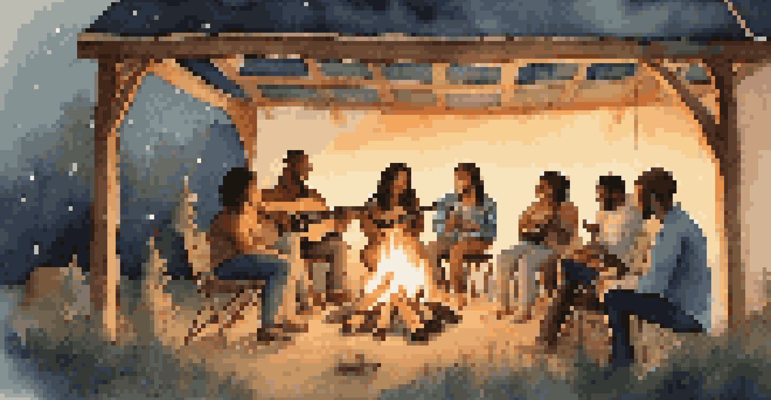 Friends from various cultures gathered around a campfire at dusk, sharing music and laughter under the stars.