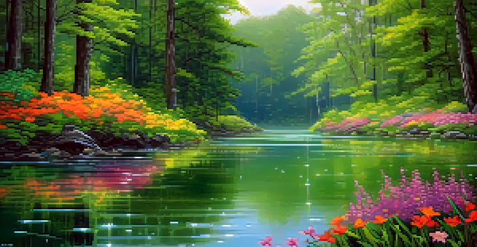 A peaceful forest scene with gentle rain, green trees, and blooming flowers near a pond.