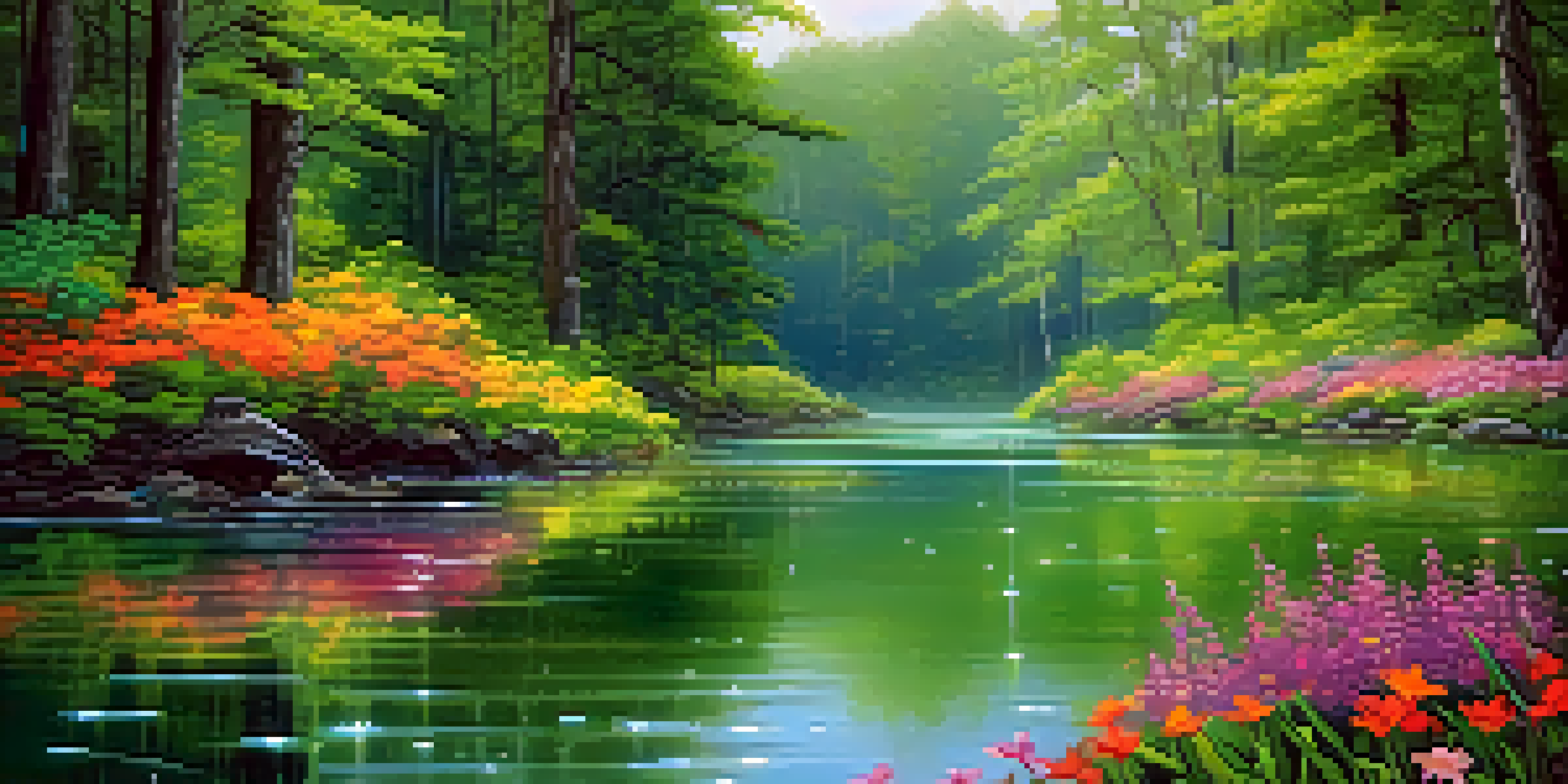 A peaceful forest scene with gentle rain, green trees, and blooming flowers near a pond.