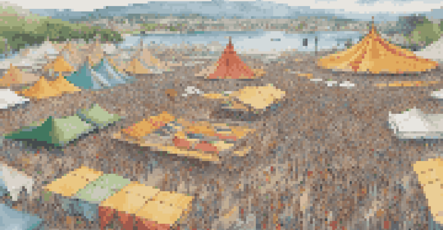 An aerial view of a colorful cultural festival with tents, stages, and crowds enjoying music and activities in a scenic landscape.