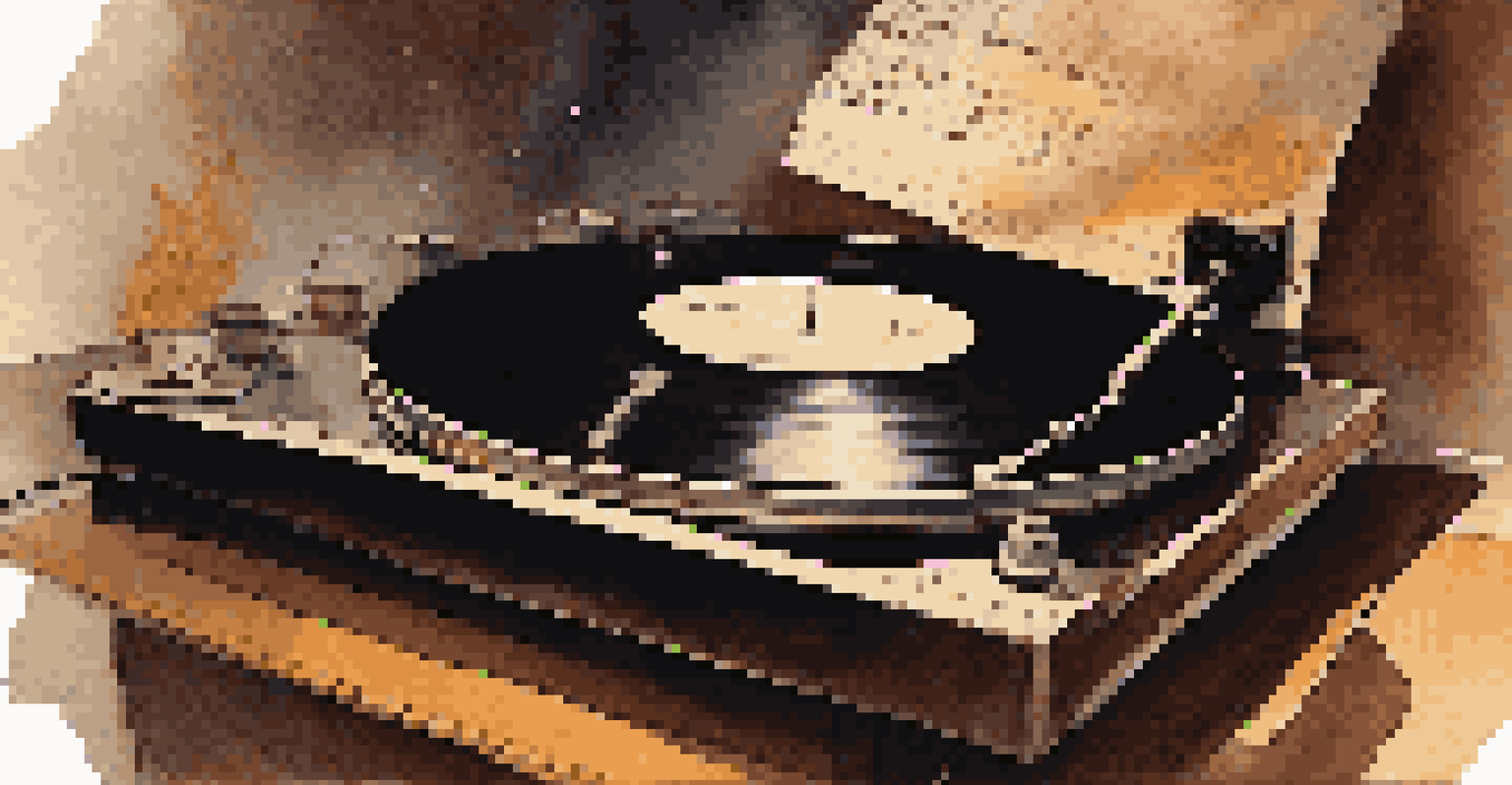 A close-up view of a spinning vinyl record on a turntable with warm lighting, surrounded by music sheets and a cup of coffee, creating a nostalgic atmosphere.