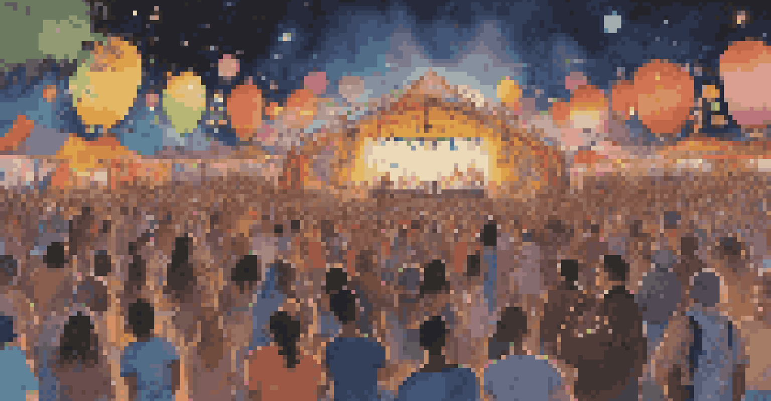 A vibrant fusion music festival scene with diverse artists on stage and an enthusiastic audience dancing under the stars.