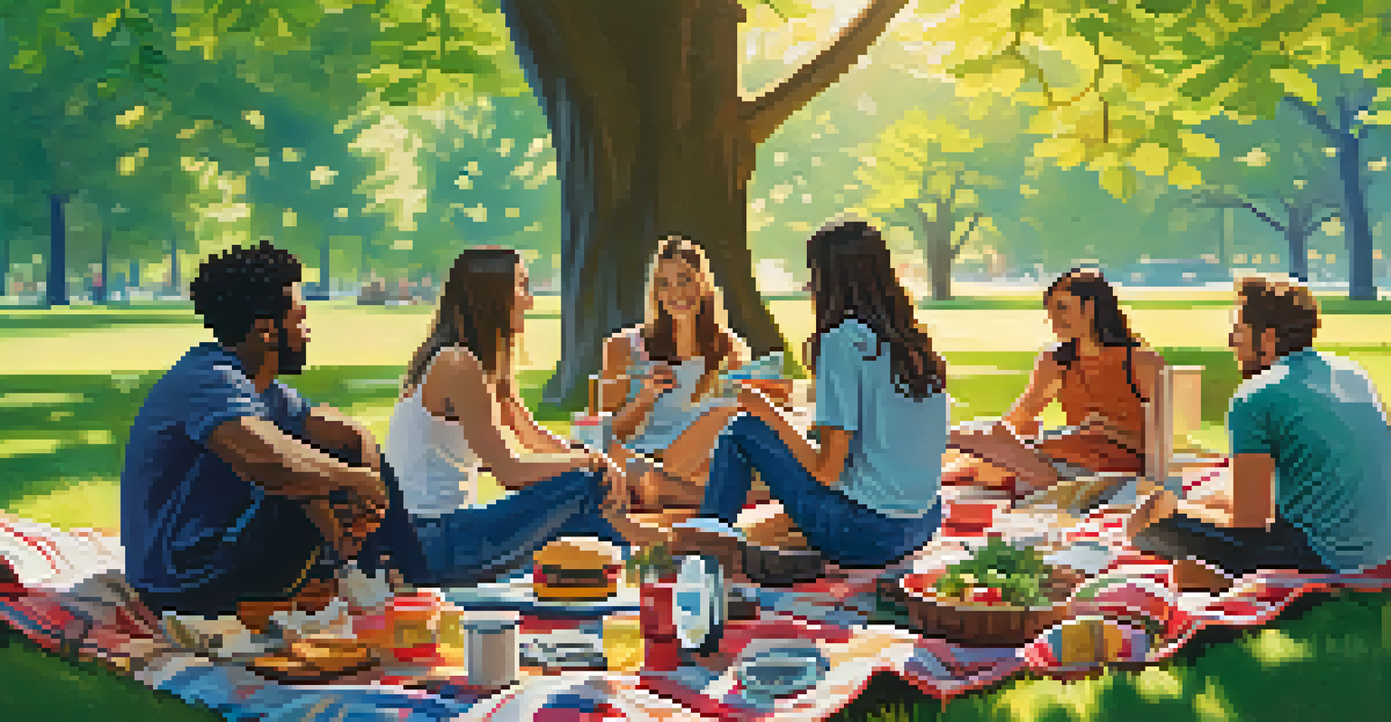 A group of friends having a picnic in a park, listening to music and enjoying food together in a sunny environment.