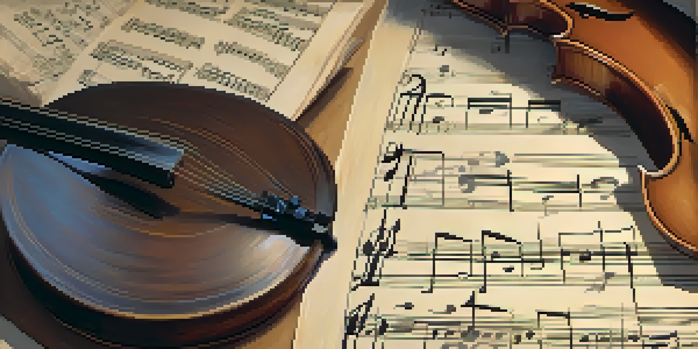 A detailed view of music notation symbols on a sheet of paper with soft lighting and a vintage metronome in the background.