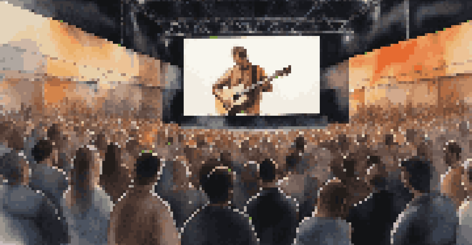An artist performing with emotional visuals on screens, warm lighting, and an engaged audience.