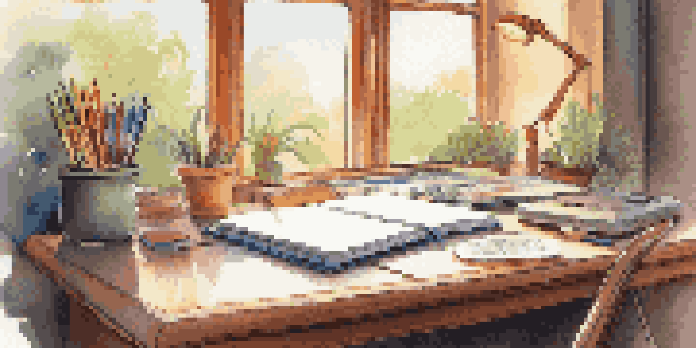 A calming study space with a wooden desk, open notebook, colorful pens, and headphones, illuminated by soft ambient light, with a garden view outside the window.
