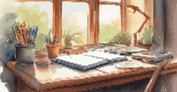 A calming study space with a wooden desk, open notebook, colorful pens, and headphones, illuminated by soft ambient light, with a garden view outside the window.