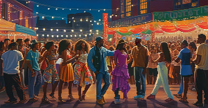 A diverse group of musicians performing at an outdoor festival with colorful lights and an energetic audience dancing.