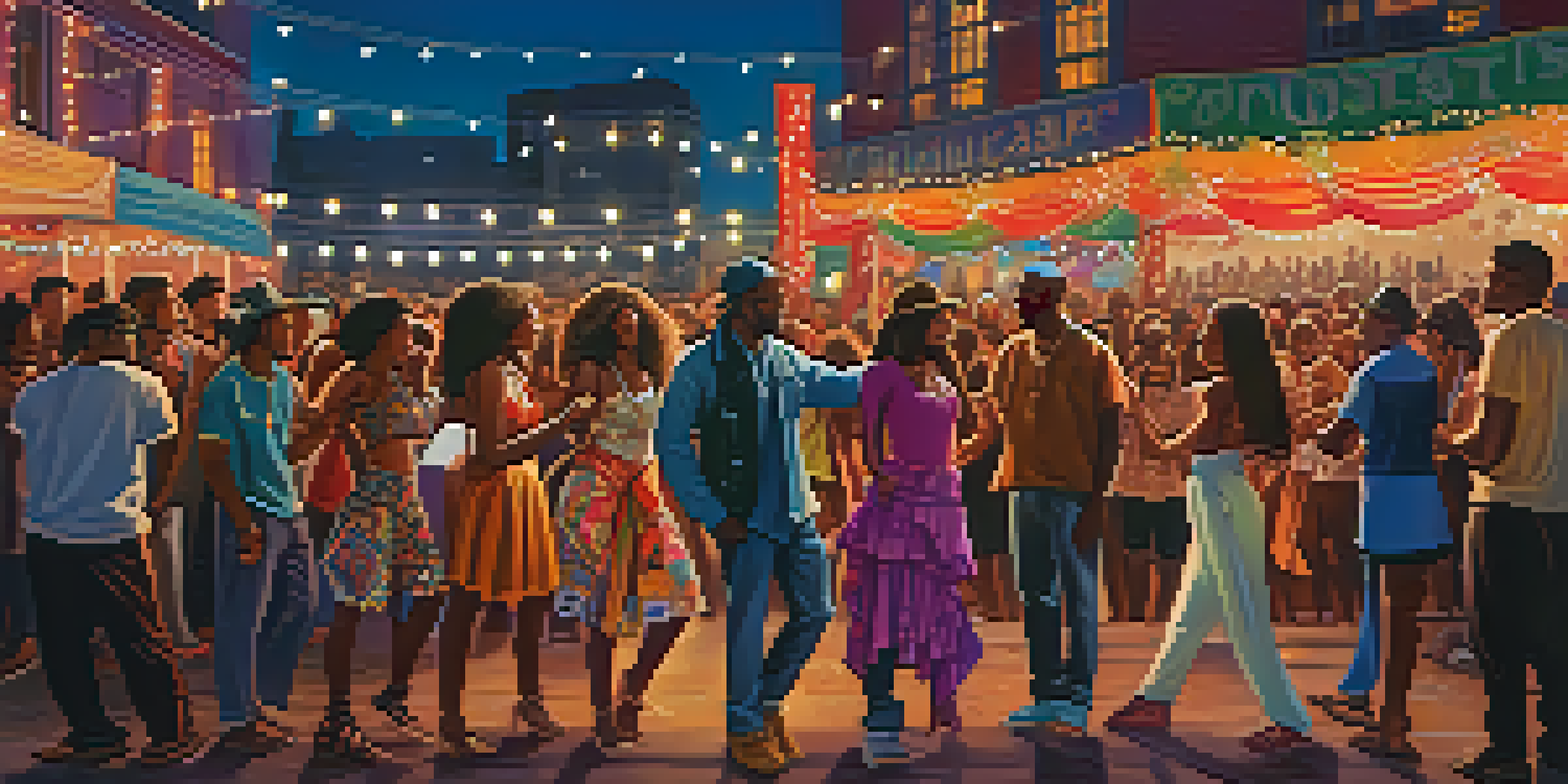 A diverse group of musicians performing at an outdoor festival with colorful lights and an energetic audience dancing.