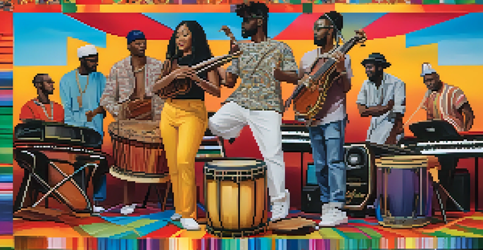 A colorful digital collage of musicians from different cultures collaborating in a virtual music platform, with instruments and musical notes in the background.