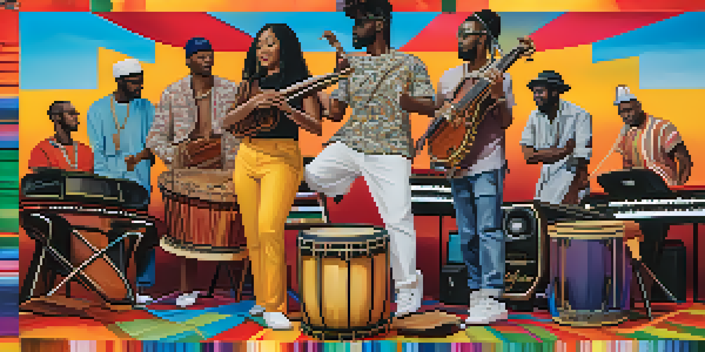 A colorful digital collage of musicians from different cultures collaborating in a virtual music platform, with instruments and musical notes in the background.