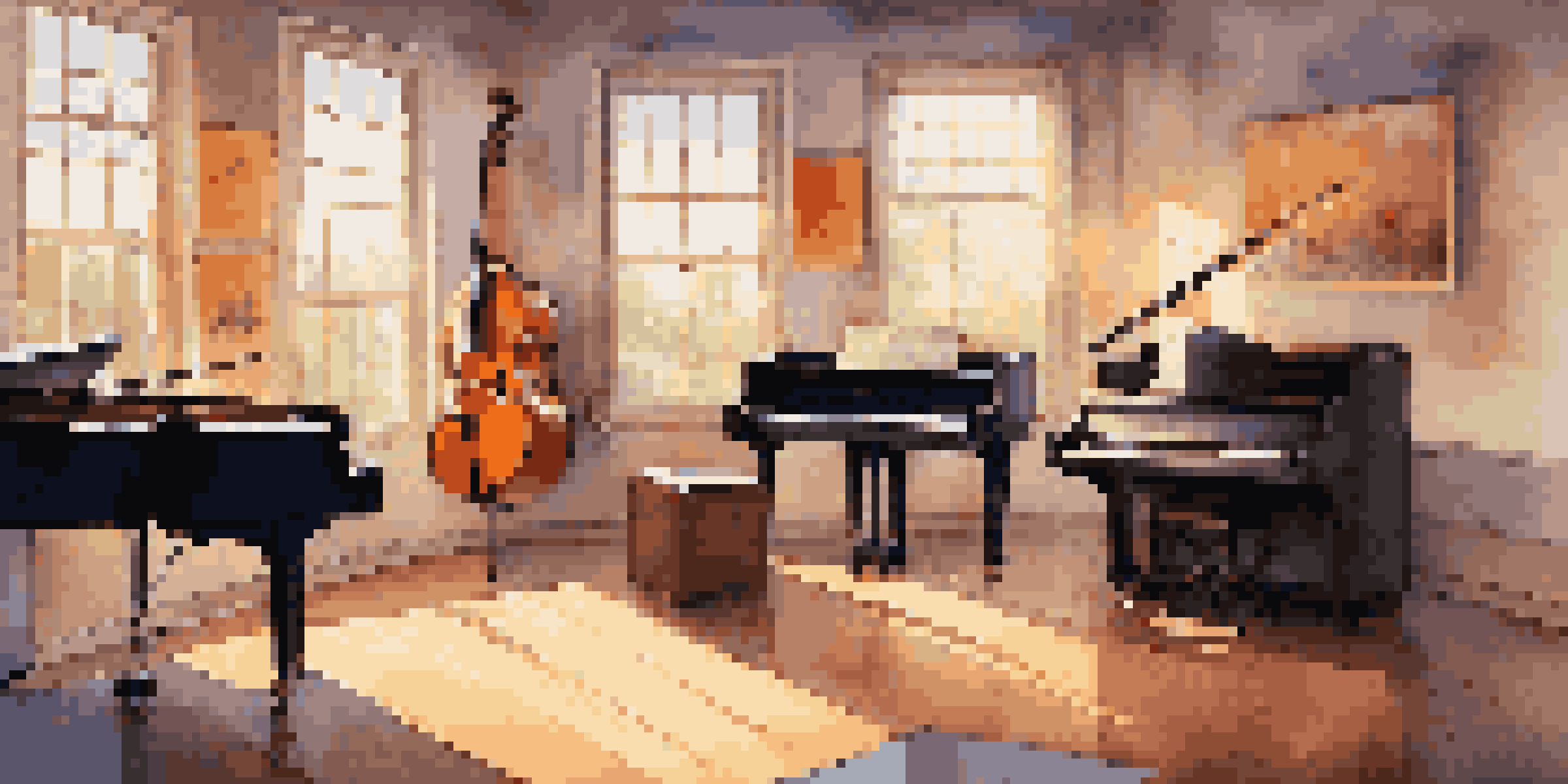 A cozy music studio filled with instruments like a grand piano and electric guitar, illuminated by colorful lights and sunlight.