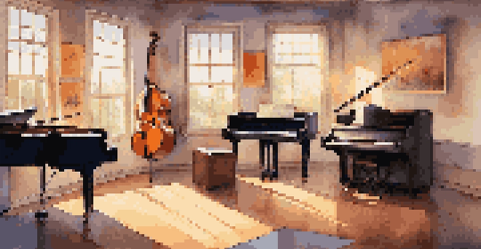 A cozy music studio filled with instruments like a grand piano and electric guitar, illuminated by colorful lights and sunlight.