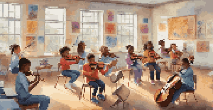 A lively classroom with children playing different musical instruments, emphasizing collaboration and creativity in music education.