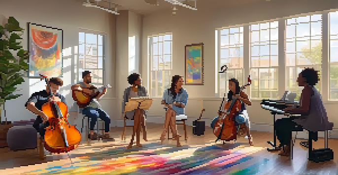 A music therapy session in a bright room with a therapist guiding a diverse group in songwriting and playing instruments, surrounded by colorful decor and sunlight.