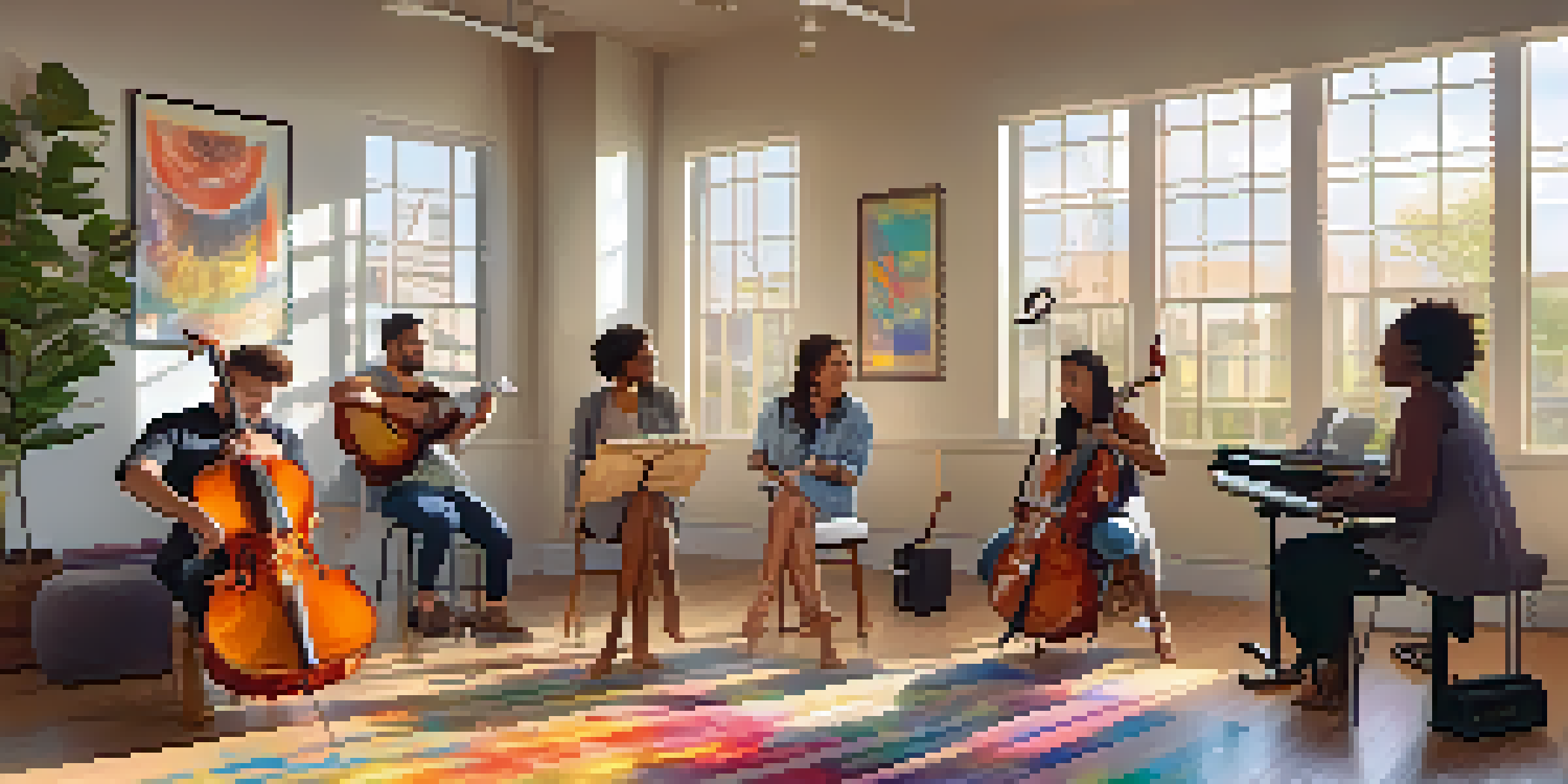 A music therapy session in a bright room with a therapist guiding a diverse group in songwriting and playing instruments, surrounded by colorful decor and sunlight.