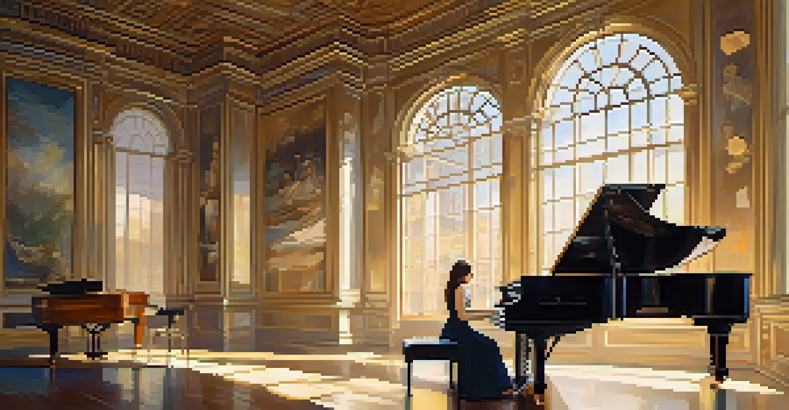 A female composer sitting at a grand piano, composing music, with floating musical notes and sunlight illuminating the room.