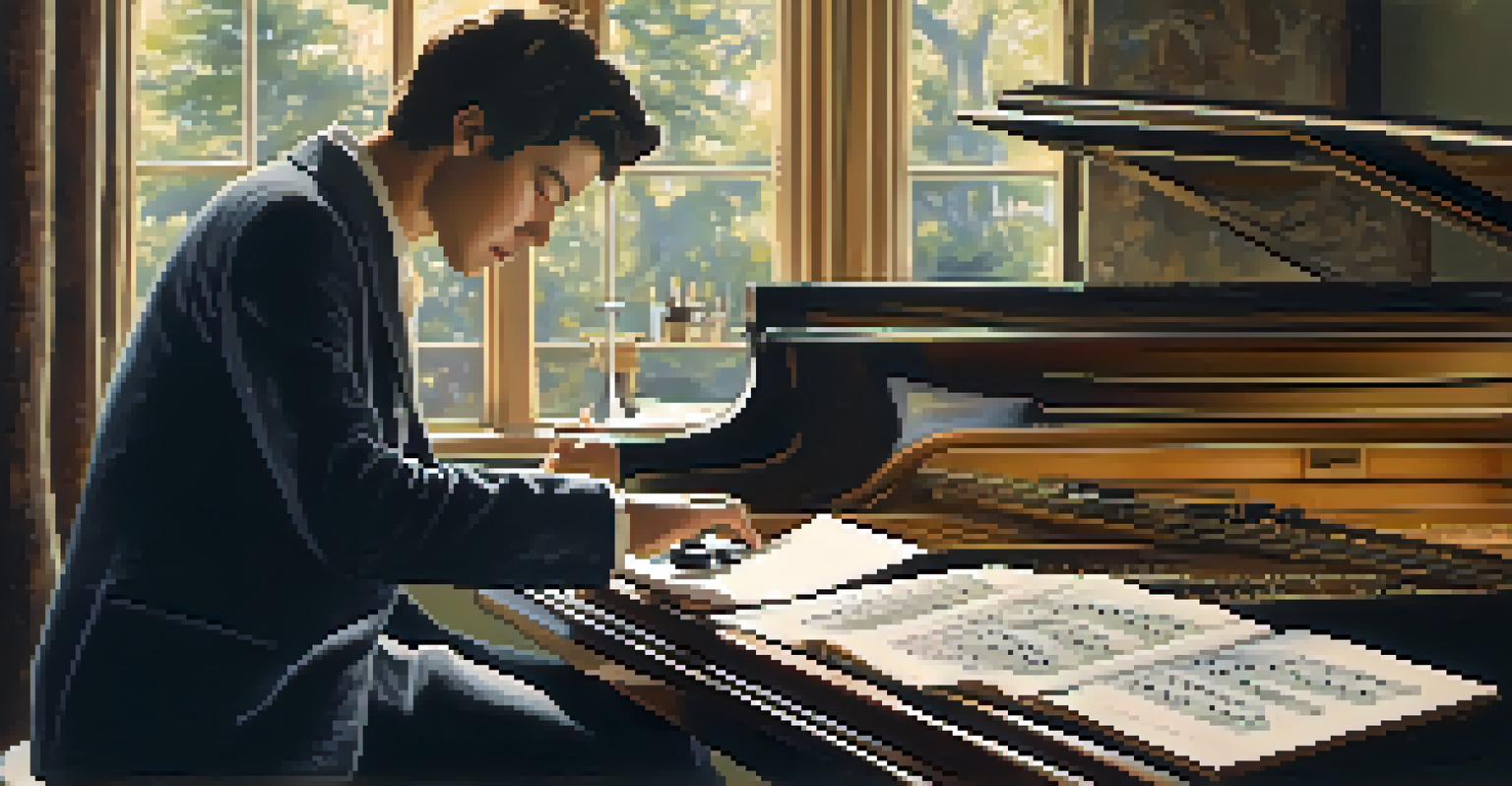 A pianist practicing finger exercises on a table with weights, surrounded by music sheets.