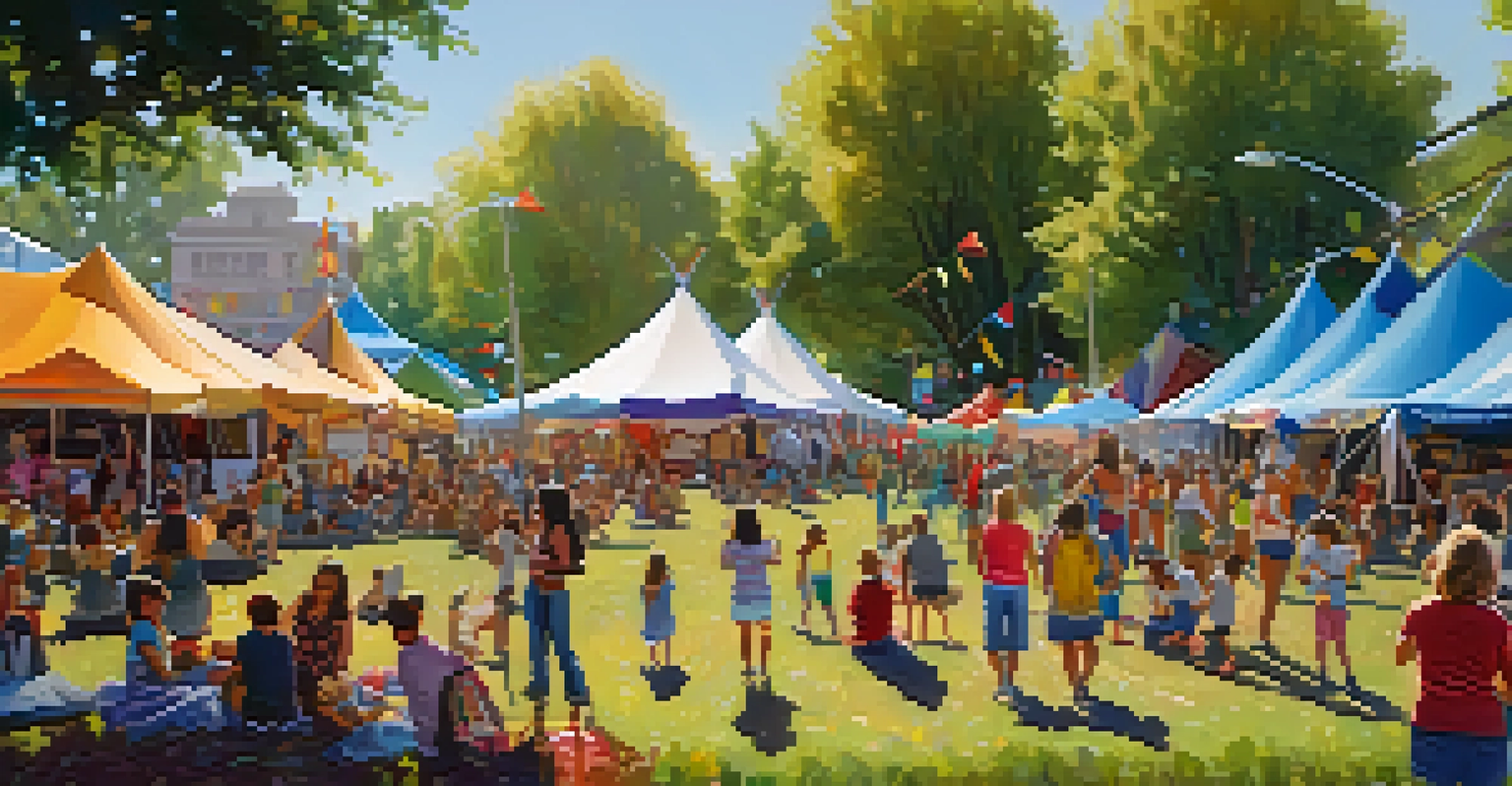 A lively outdoor community music festival with families enjoying music activities, colorful tents, and local musicians performing on stage.