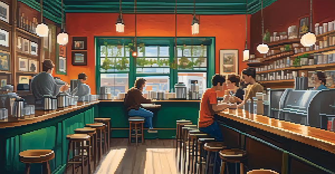 A cozy coffee shop with a barista making coffee and customers enjoying their drinks in a warm atmosphere.