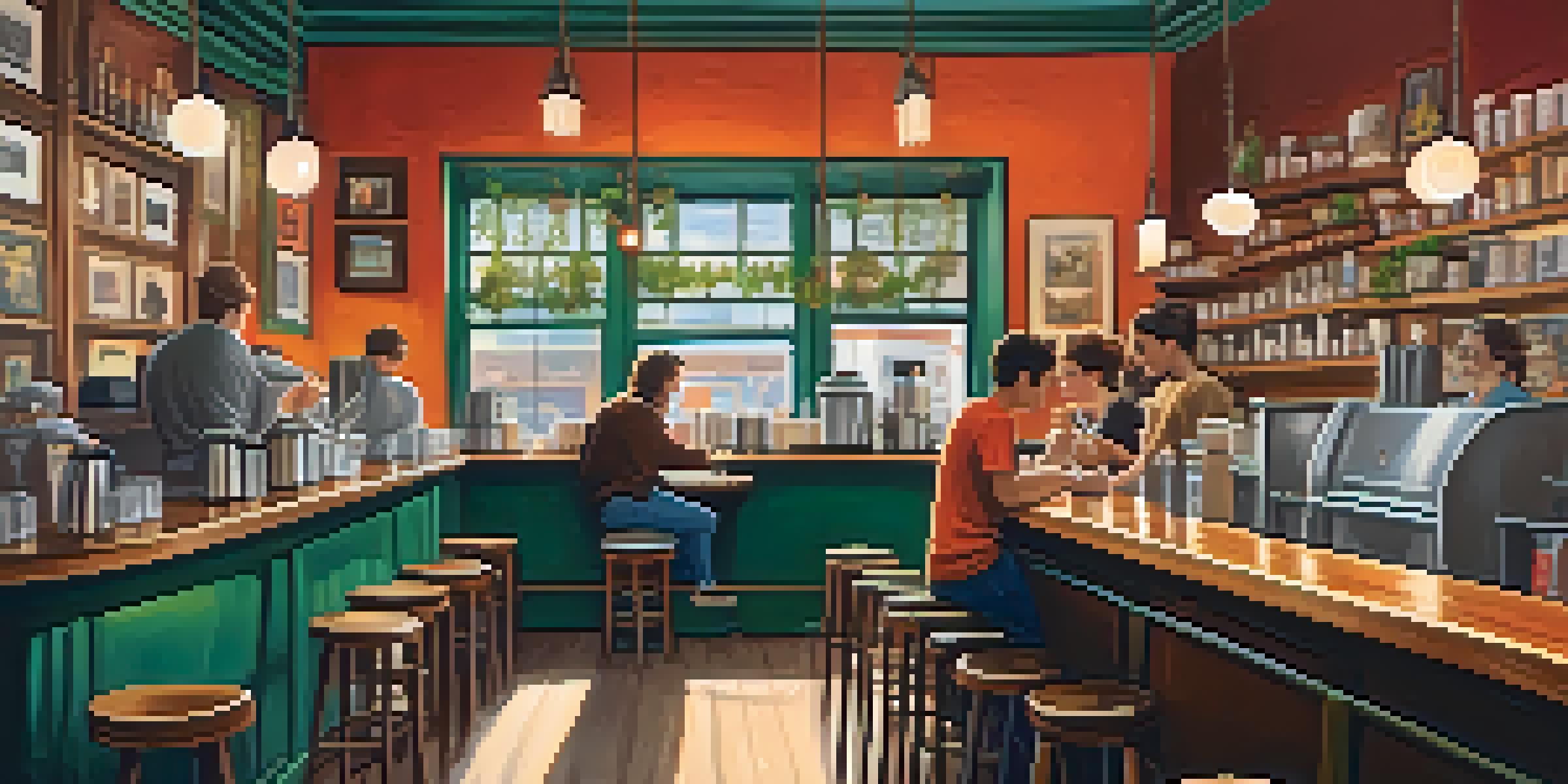 A cozy coffee shop with a barista making coffee and customers enjoying their drinks in a warm atmosphere.