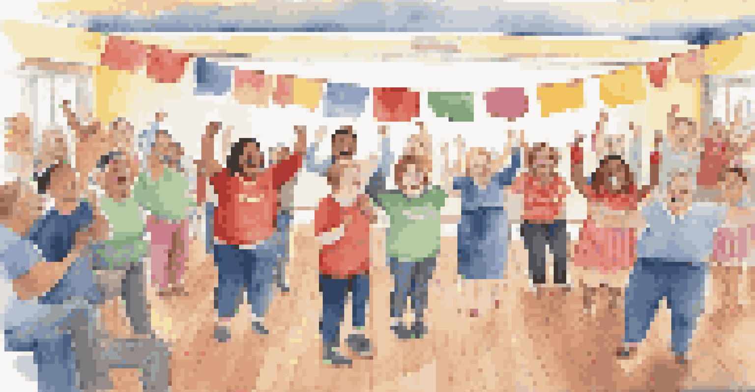 A group of singers with special needs proudly performing on stage in a community center, surrounded by supportive family and friends, celebrating their achievements.