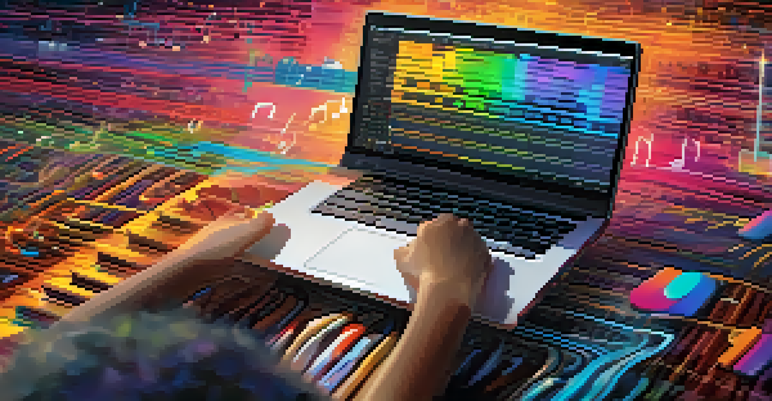 A digital interface of an AI music composition tool showing colorful musical notes and waveforms, with a young composer inputting ideas.