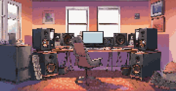 A musician working in a cozy home studio with recording equipment and a laptop, surrounded by colorful soundproofing panels.