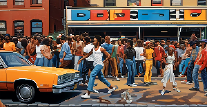 A lively street scene in the Bronx with young people dancing, graffiti on subway cars, and warm sunlight.