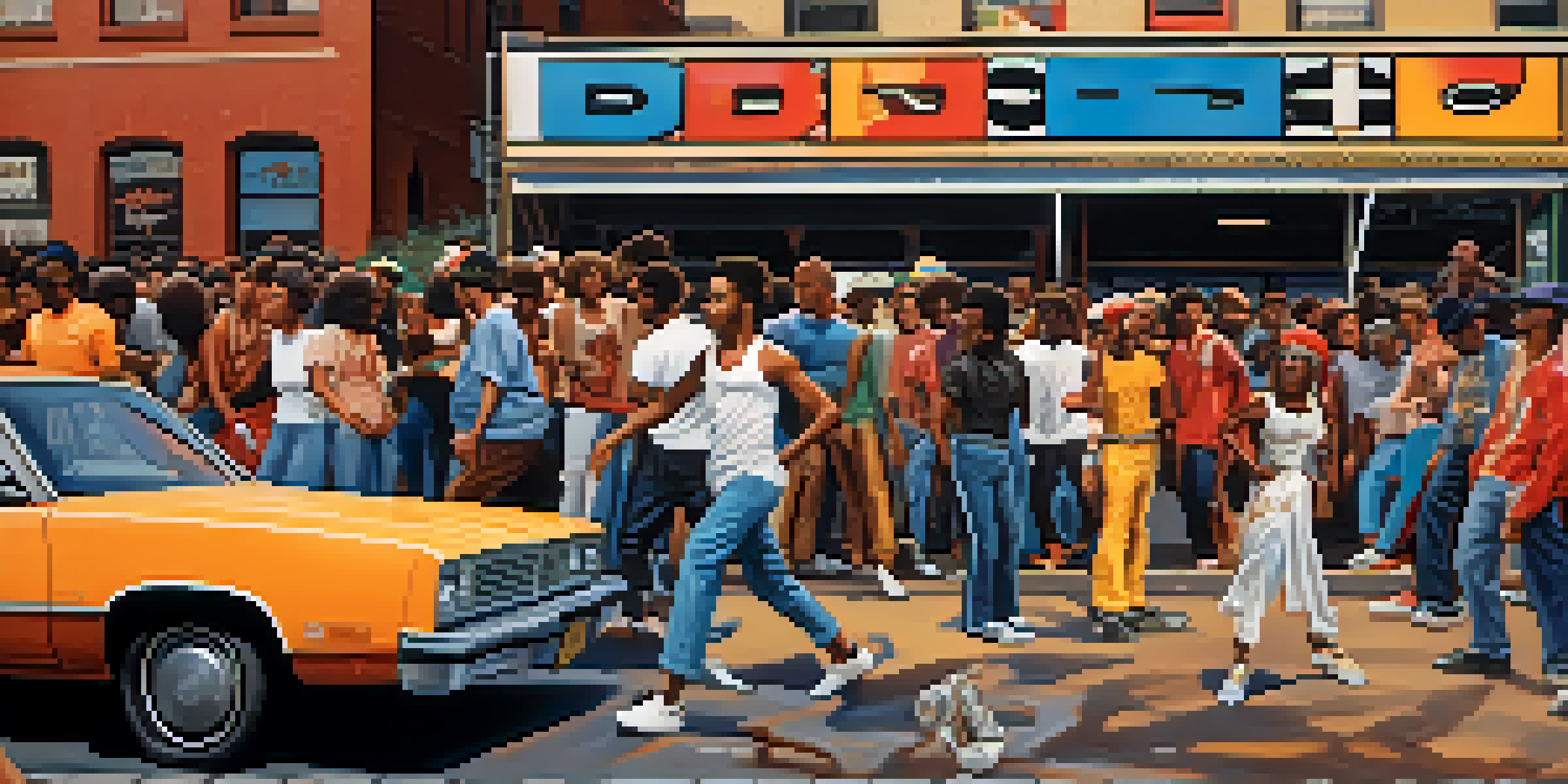 A lively street scene in the Bronx with young people dancing, graffiti on subway cars, and warm sunlight.