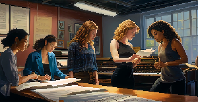 A group of diverse women composers working together in a modern music studio, surrounded by instruments and technology, with warm lighting.