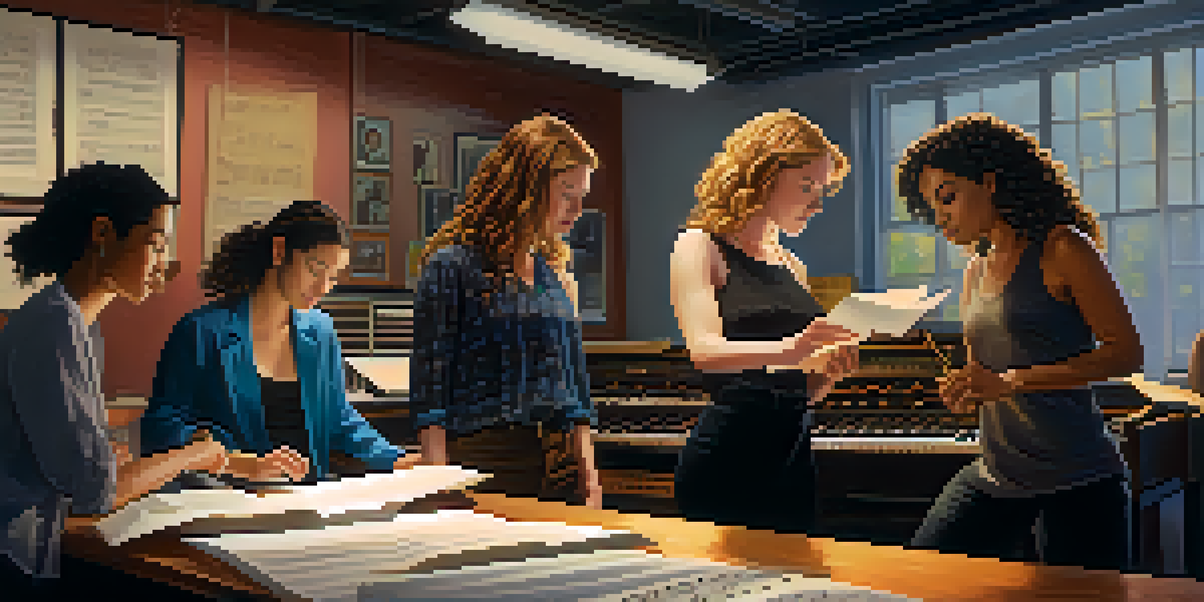 A group of diverse women composers working together in a modern music studio, surrounded by instruments and technology, with warm lighting.