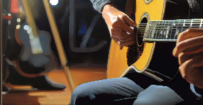 A musician tuning their guitar backstage, with a focus on their hands and the strings, showing concentration and slight nervousness.