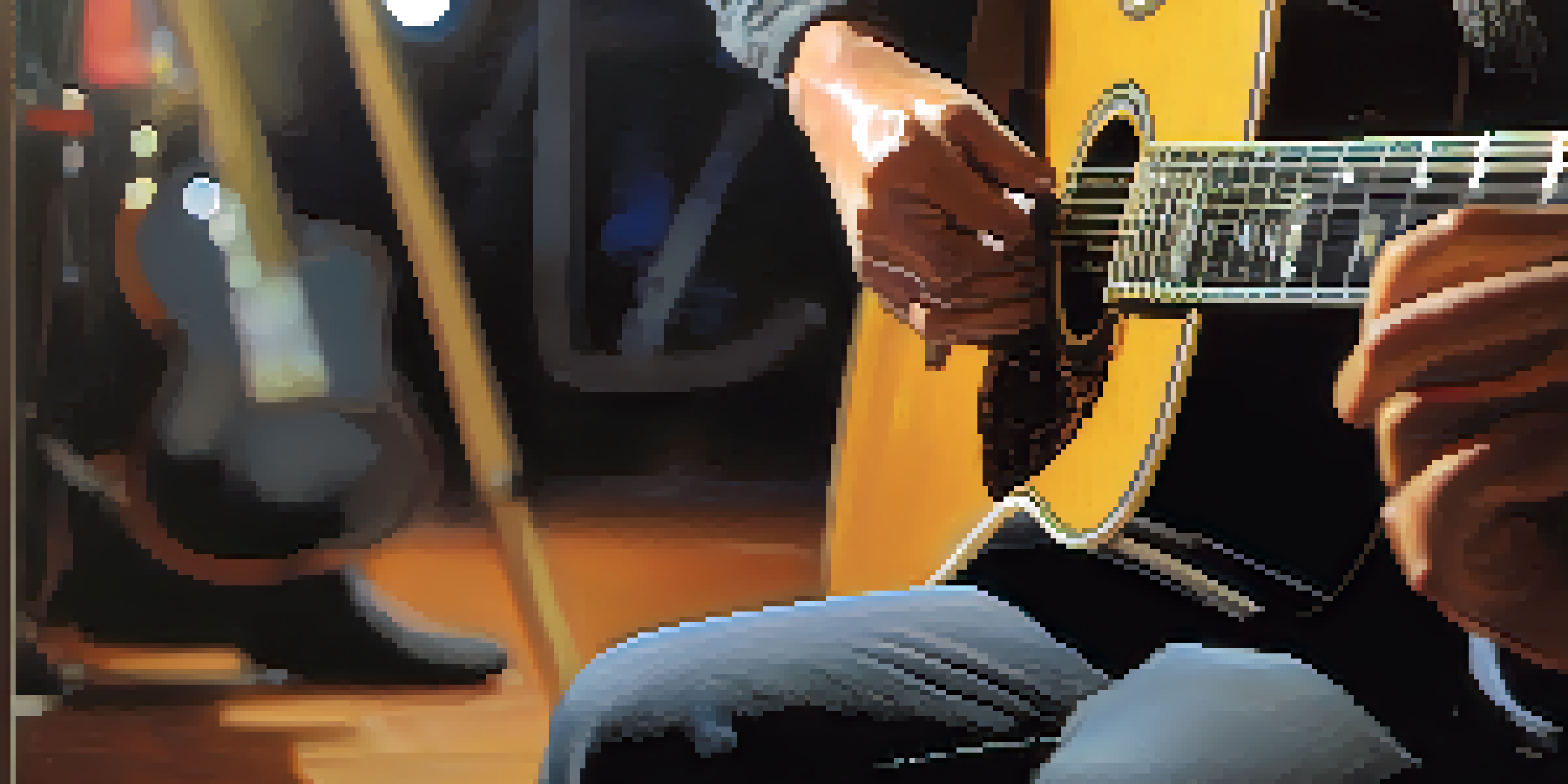 A musician tuning their guitar backstage, with a focus on their hands and the strings, showing concentration and slight nervousness.