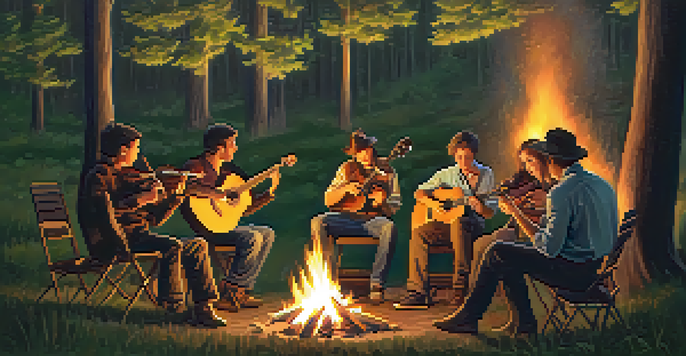A group of friends gathered around a campfire, playing acoustic instruments while enjoying a warm, intimate atmosphere.