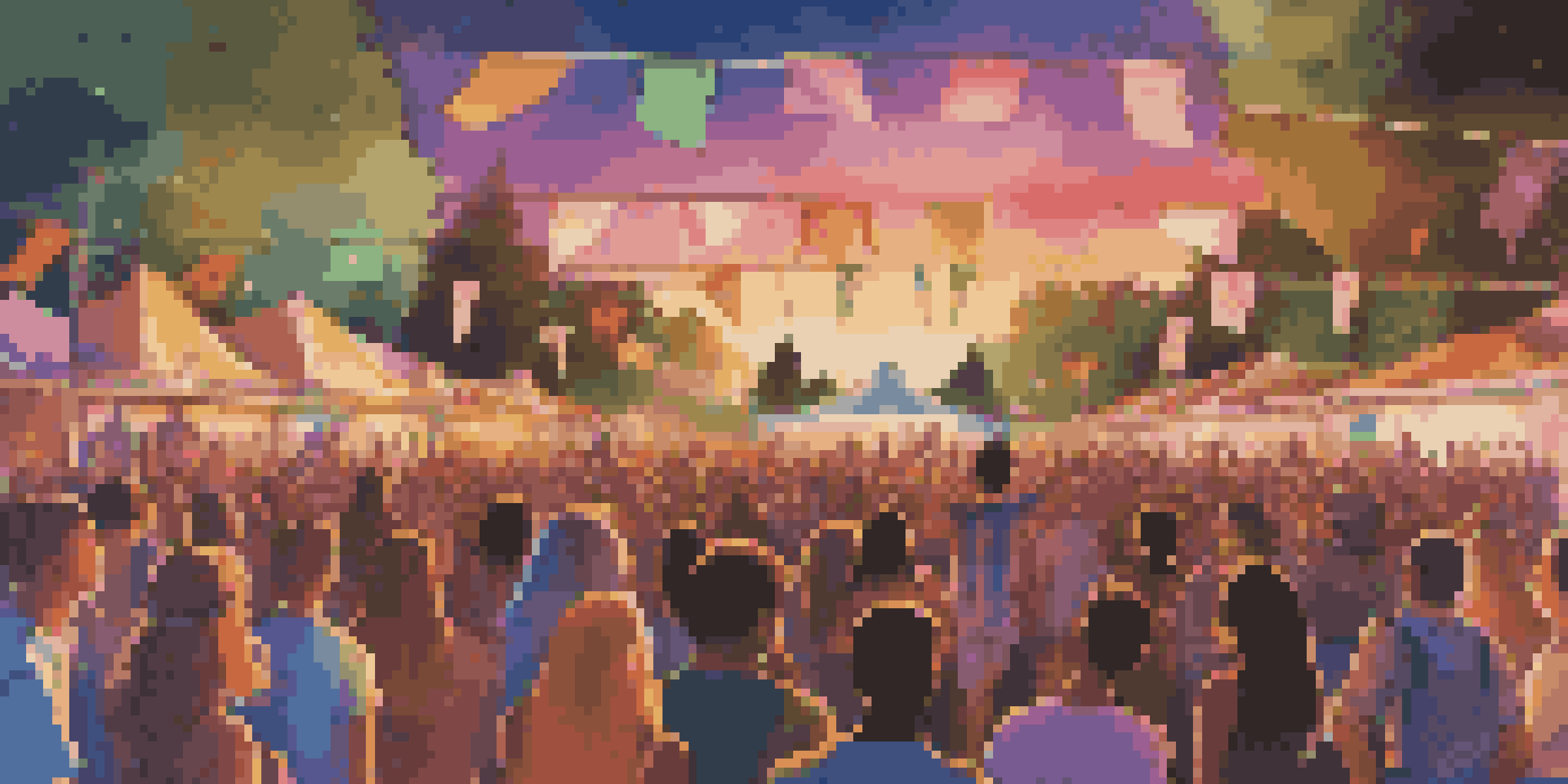 A lively music festival with a diverse crowd of young people celebrating under colorful lights at sunset, surrounded by trees and festival flags.