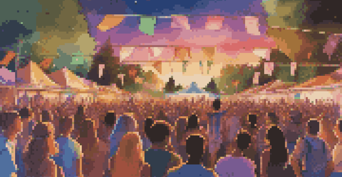 A lively music festival with a diverse crowd of young people celebrating under colorful lights at sunset, surrounded by trees and festival flags.