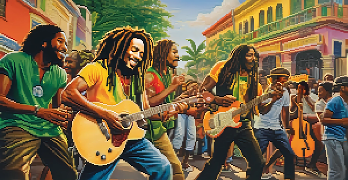 A lively street scene in Jamaica filled with musicians playing reggae music, colorful murals of reggae legends, and people dancing as the sun sets.