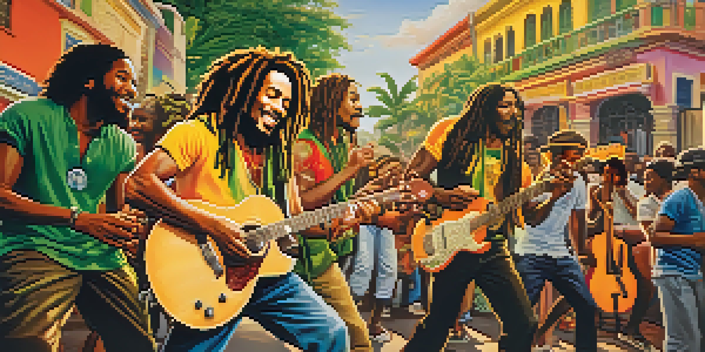 A lively street scene in Jamaica filled with musicians playing reggae music, colorful murals of reggae legends, and people dancing as the sun sets.
