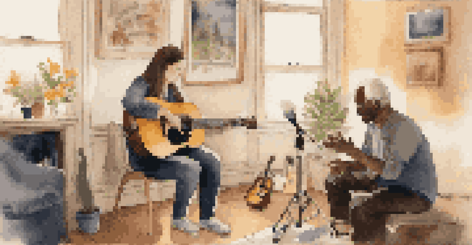 A music therapy session with a therapist and a client in a soft-lit room filled with musical instruments.