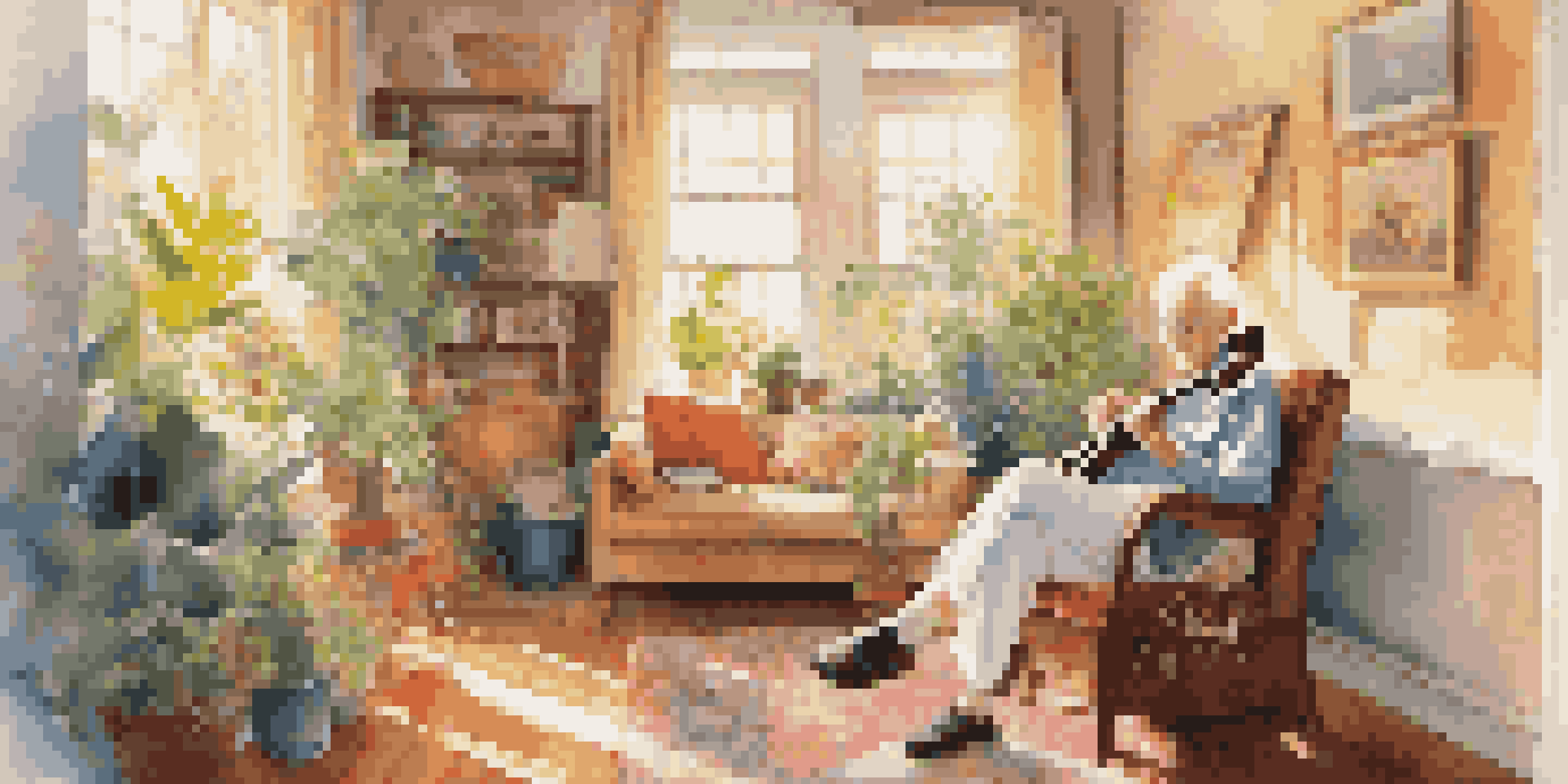 An elderly person playing a musical instrument in a bright, inviting living room filled with plants and artwork.