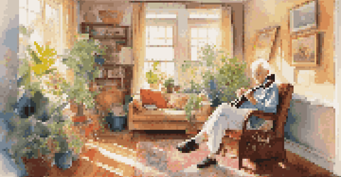 An elderly person playing a musical instrument in a bright, inviting living room filled with plants and artwork.