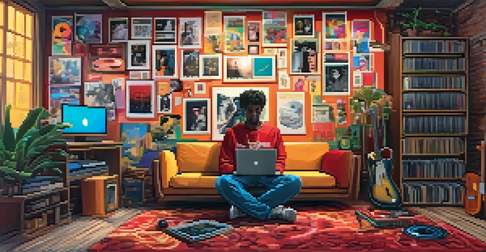 A person at a laptop with YouTube open, surrounded by musical notes and instruments in a cozy room.