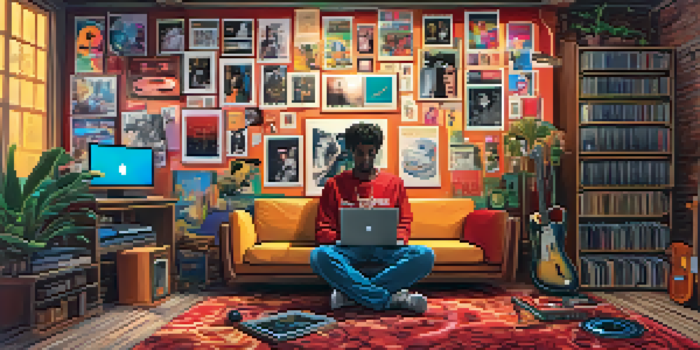 A person at a laptop with YouTube open, surrounded by musical notes and instruments in a cozy room.