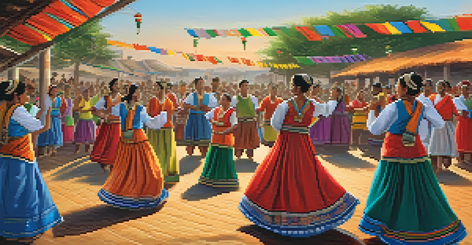 A traditional music festival with local musicians on stage and community members dancing, with colorful attire and decorations during sunset.