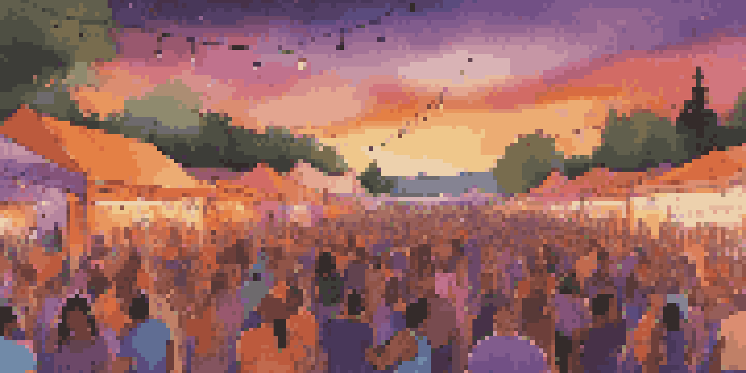A lively outdoor music festival with a diverse crowd, illuminated stage lights, and a colorful sunset sky.