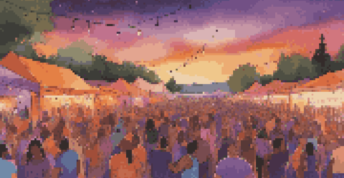 A lively outdoor music festival with a diverse crowd, illuminated stage lights, and a colorful sunset sky.