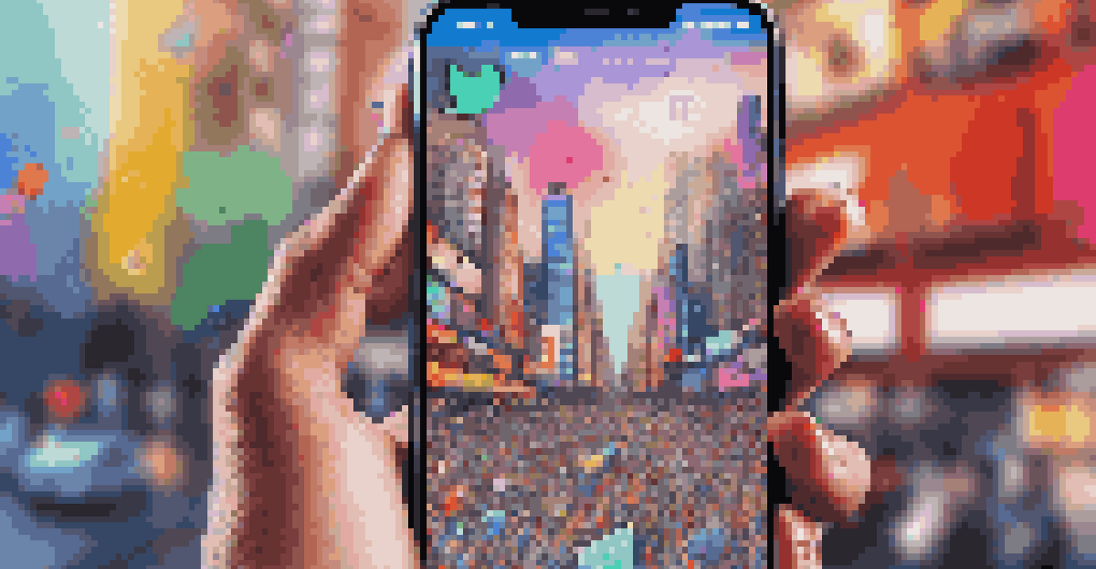 A close-up of a smartphone showing a music artist's engaging social media page against a blurred city backdrop.