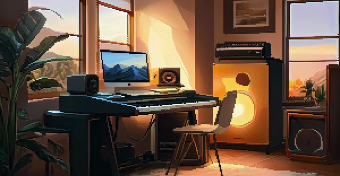 A home music studio with a laptop, instruments, and warm lighting creating a cozy atmosphere.