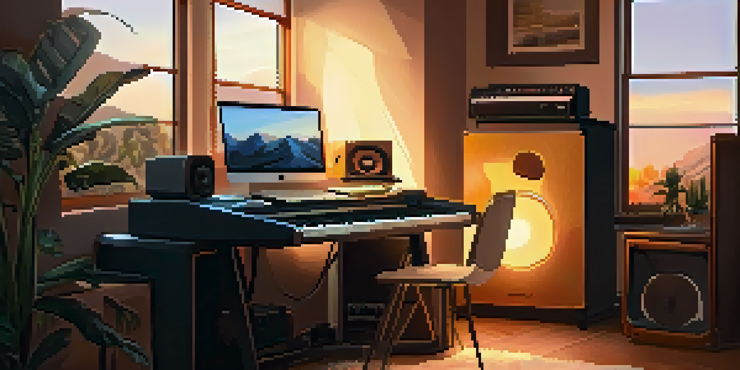 A home music studio with a laptop, instruments, and warm lighting creating a cozy atmosphere.